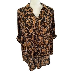 Torrid Madison Georgette Button Front Blouse Black Ornate 1X Plus Size